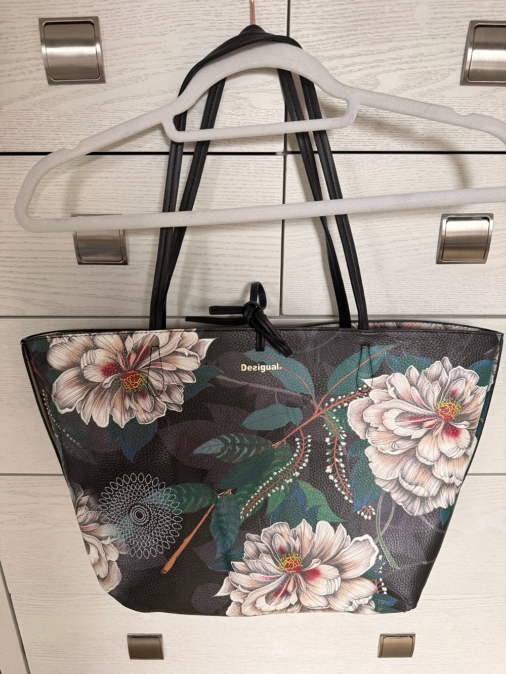 Desigual Black REVERSIBLE Floral Tote with Green Leaves